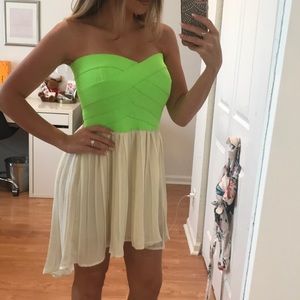 Strapless neon green bandage and chiffon dress